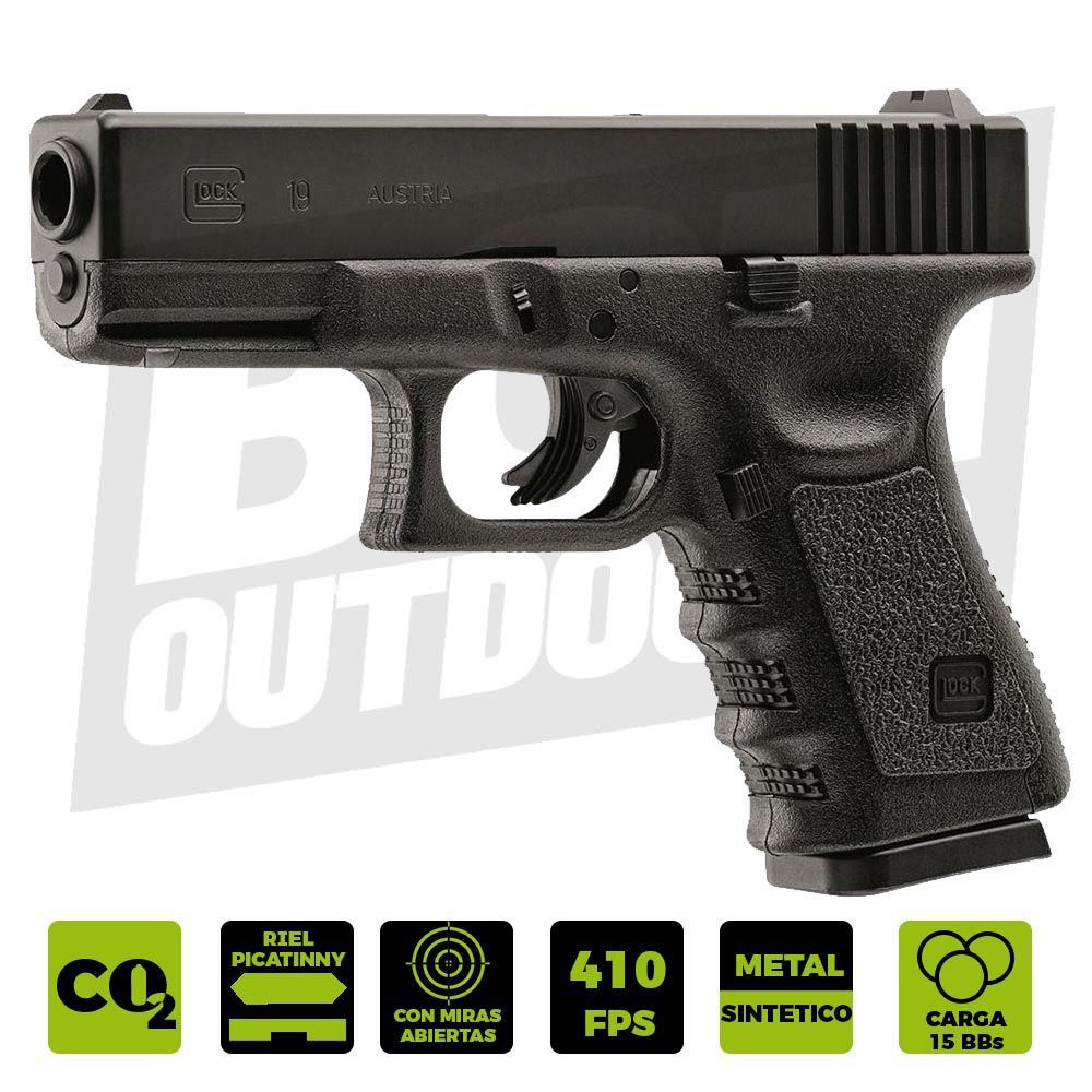 Glock 19 (Umarex  Pistola de Airsoft Calibre 6mm (Arma Aire Suave de Bolas  de plástico o PVC). Sistema: CO2 - Potencia menor a 3,5J : :  Deportes y aire libre