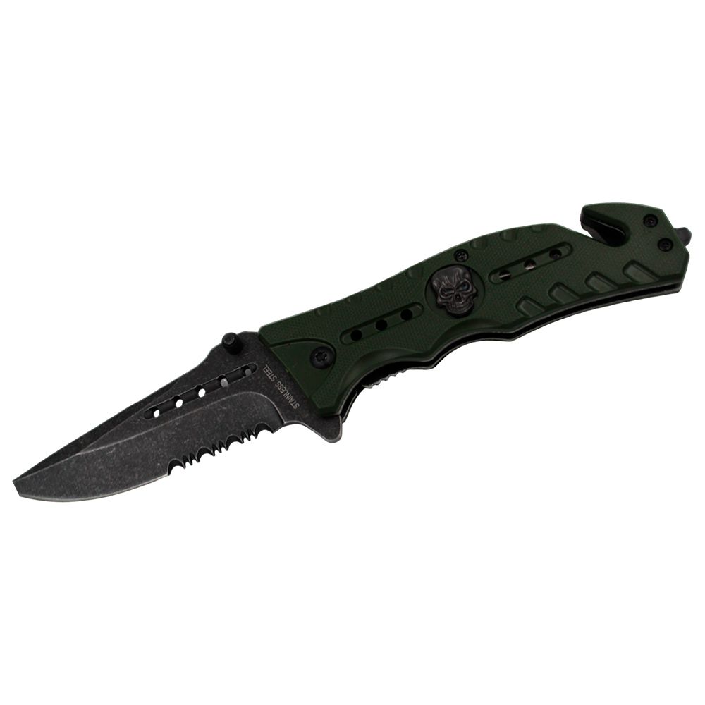 NAVAJA DOBLAR TACTICA 4.5 PULG VERDE SKULL DE RESCATE  KN 1619-GN