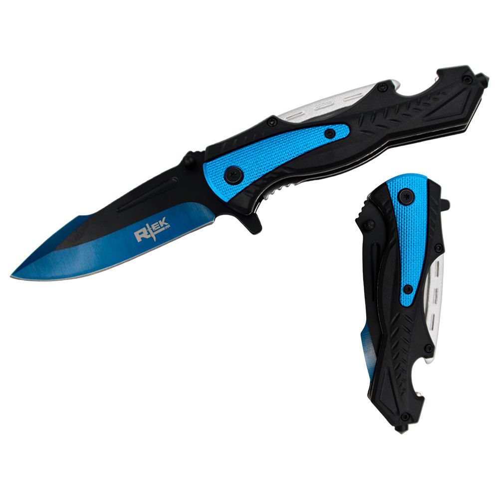 NAVAJA DOBLAR TACTICA 4.5 PULG AZUL CON ROMPEVIDRIO &amp; DESTAPADOR RT 110374-BB