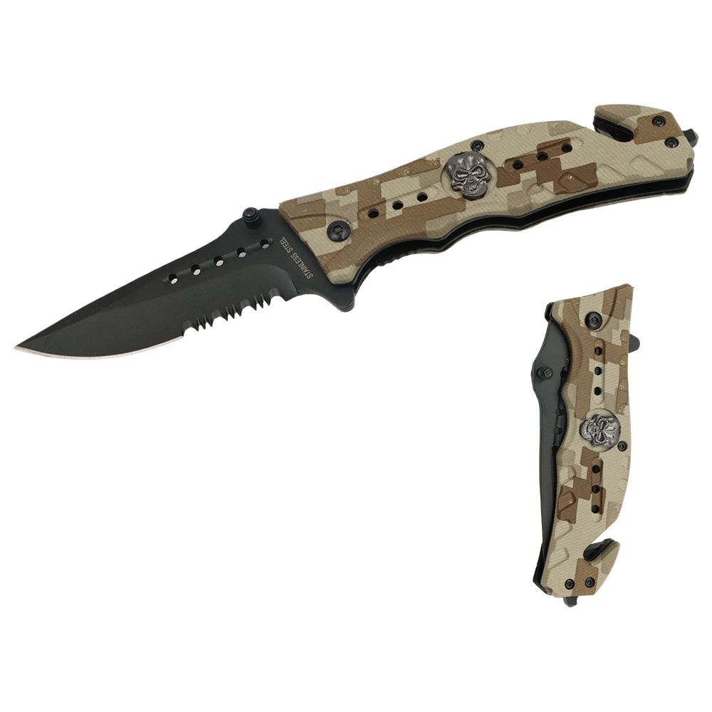 NAVAJA DOBLAR TACTICA 4.5 PULG ARENA CAMO SKULL DE RESCATE  KN 1619-CM1